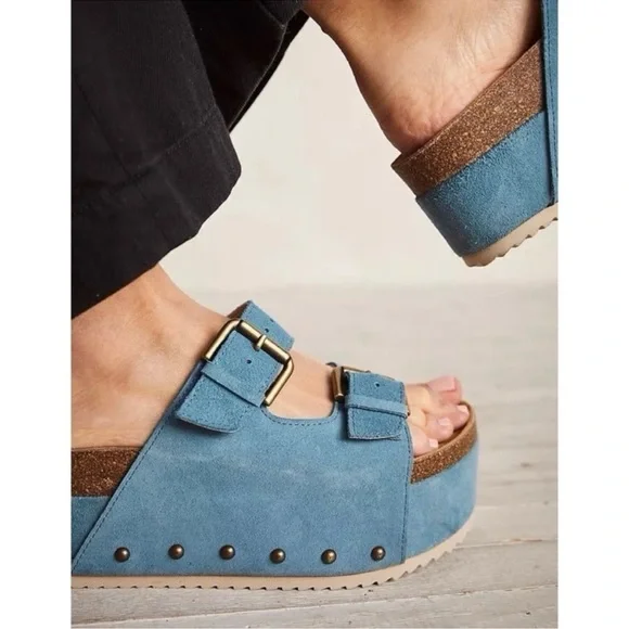 New Free People Rule Breaker Flatform Sandal Shoes Platform Suede Blue Capri 36